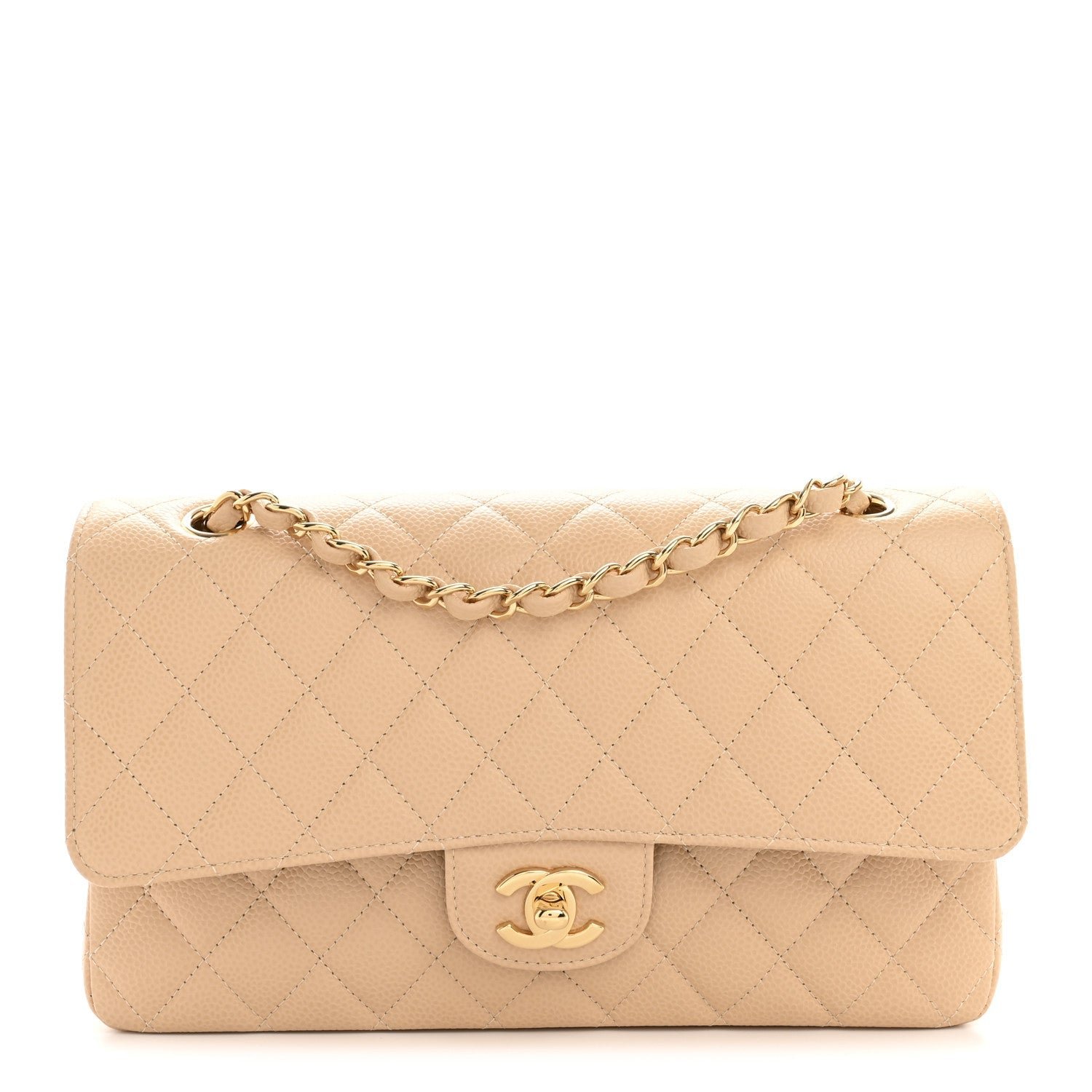 Caviar Quilted Medium Double Flap Beige