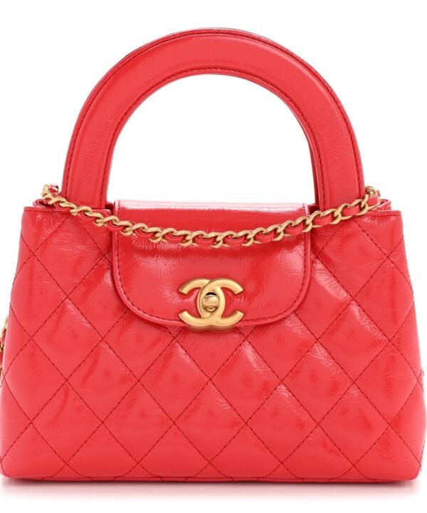 Shiny Aged Calfskin Quilted Nano Kelly Shopper Red