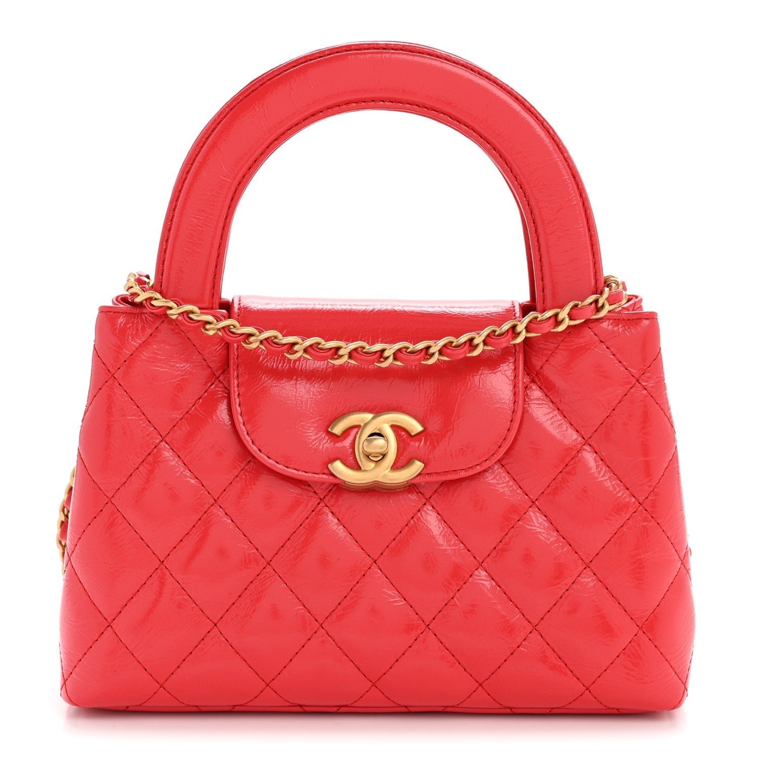 Shiny Aged Calfskin Quilted Nano Kelly Shopper Red
