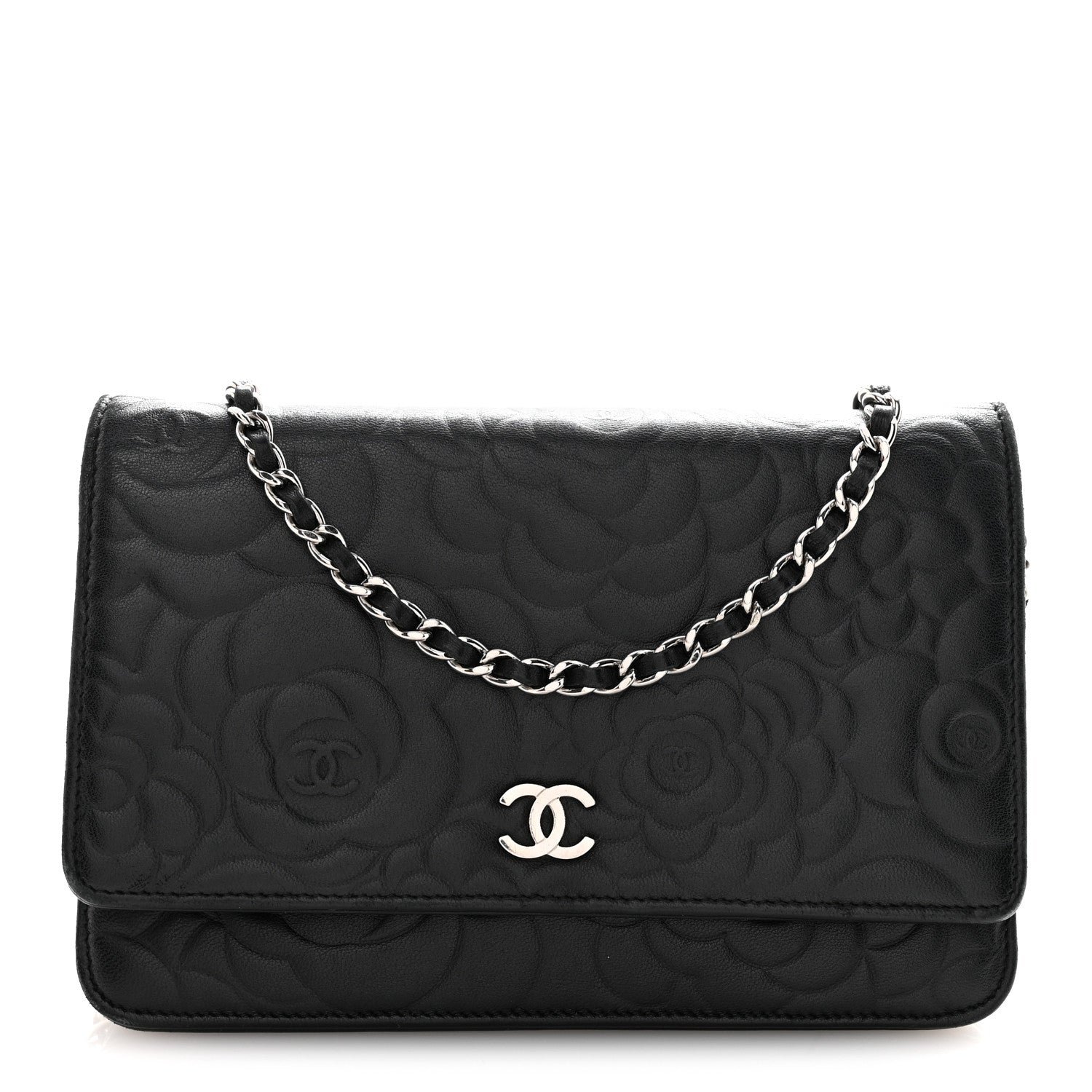 Lambskin Camellia Embossed Wallet On Chain WOC Black