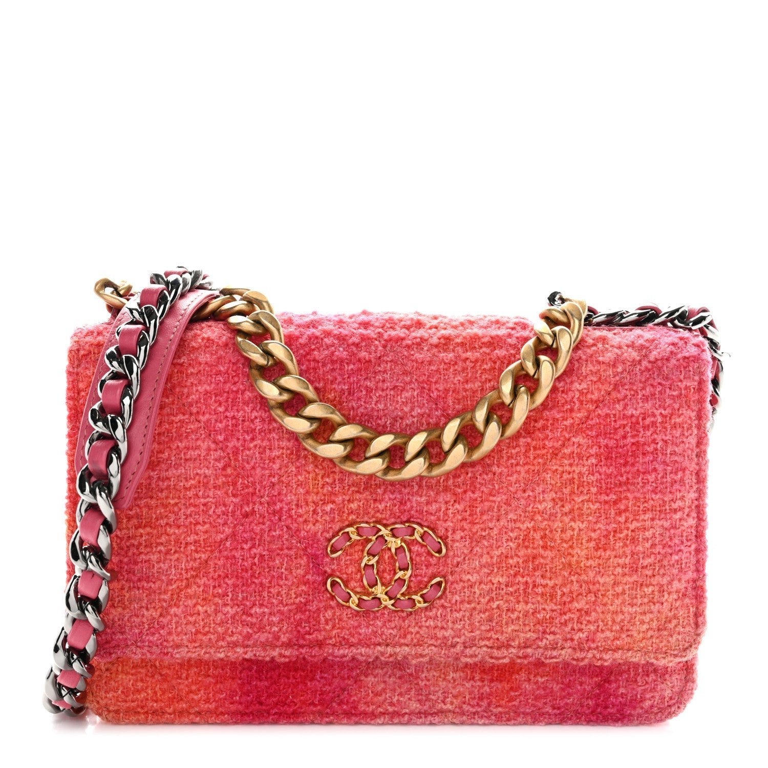 Wool Tweed Lambskin Quilted Chanel 19 Wallet On Chain WOC Coral Pink