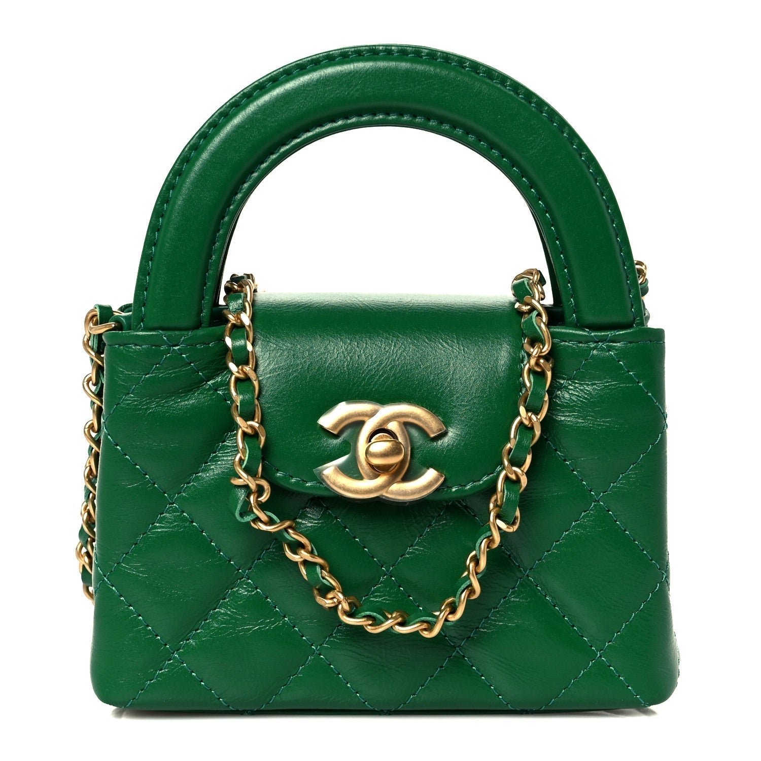 Shiny Aged Calfskin Quilted Mini Nano Kelly Shopper Green