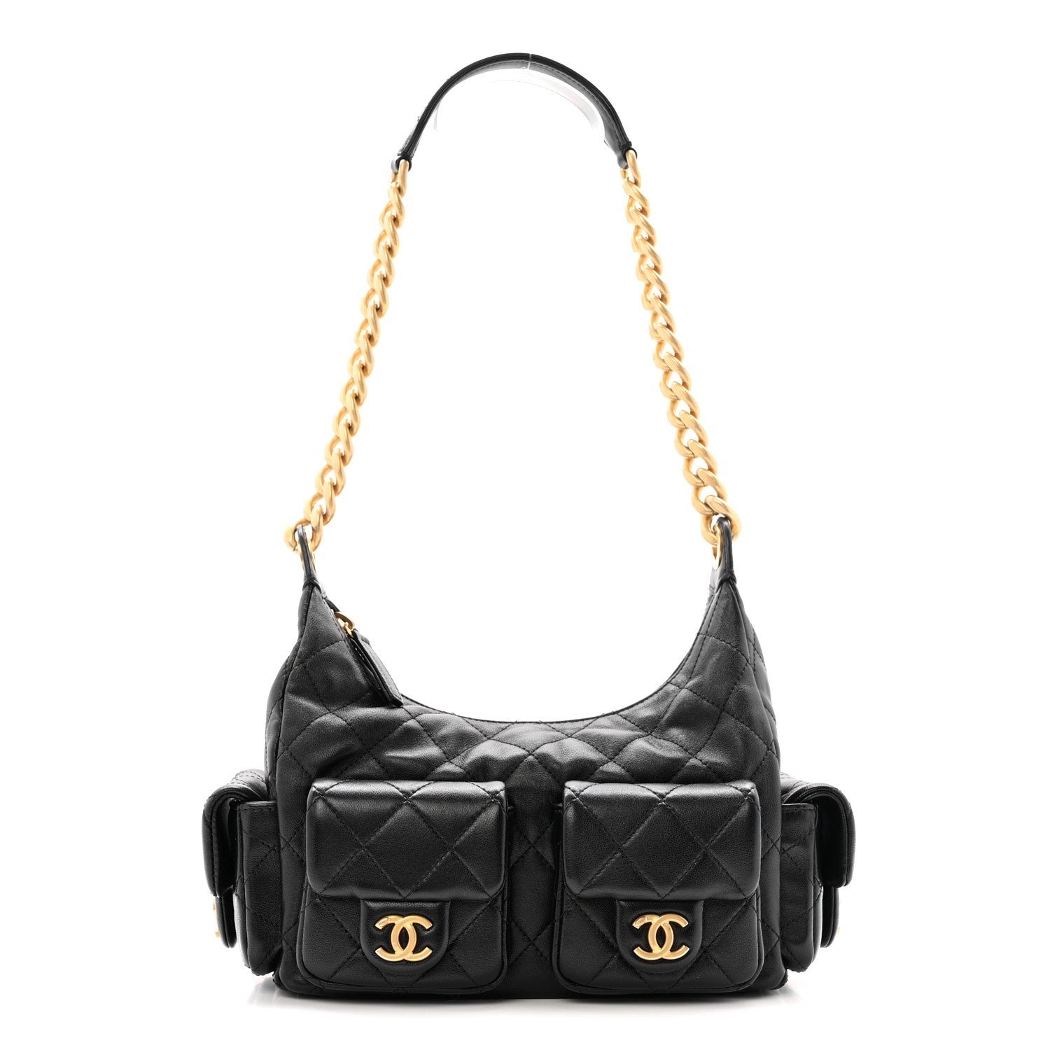 Shiny Lambskin Quilted Trendy Pockets Hobo Black