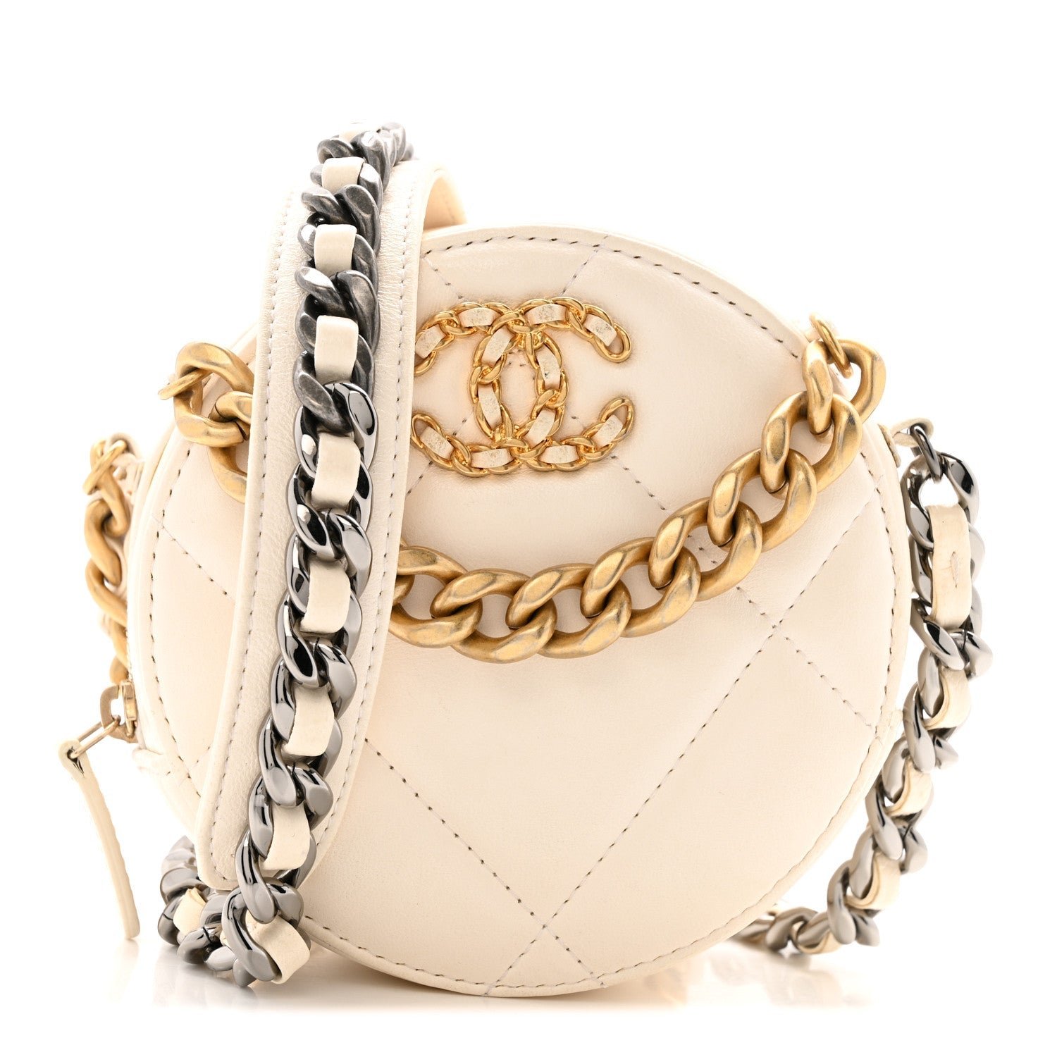 Lambskin Quilted Chanel 19 Round Clutch With Chain White