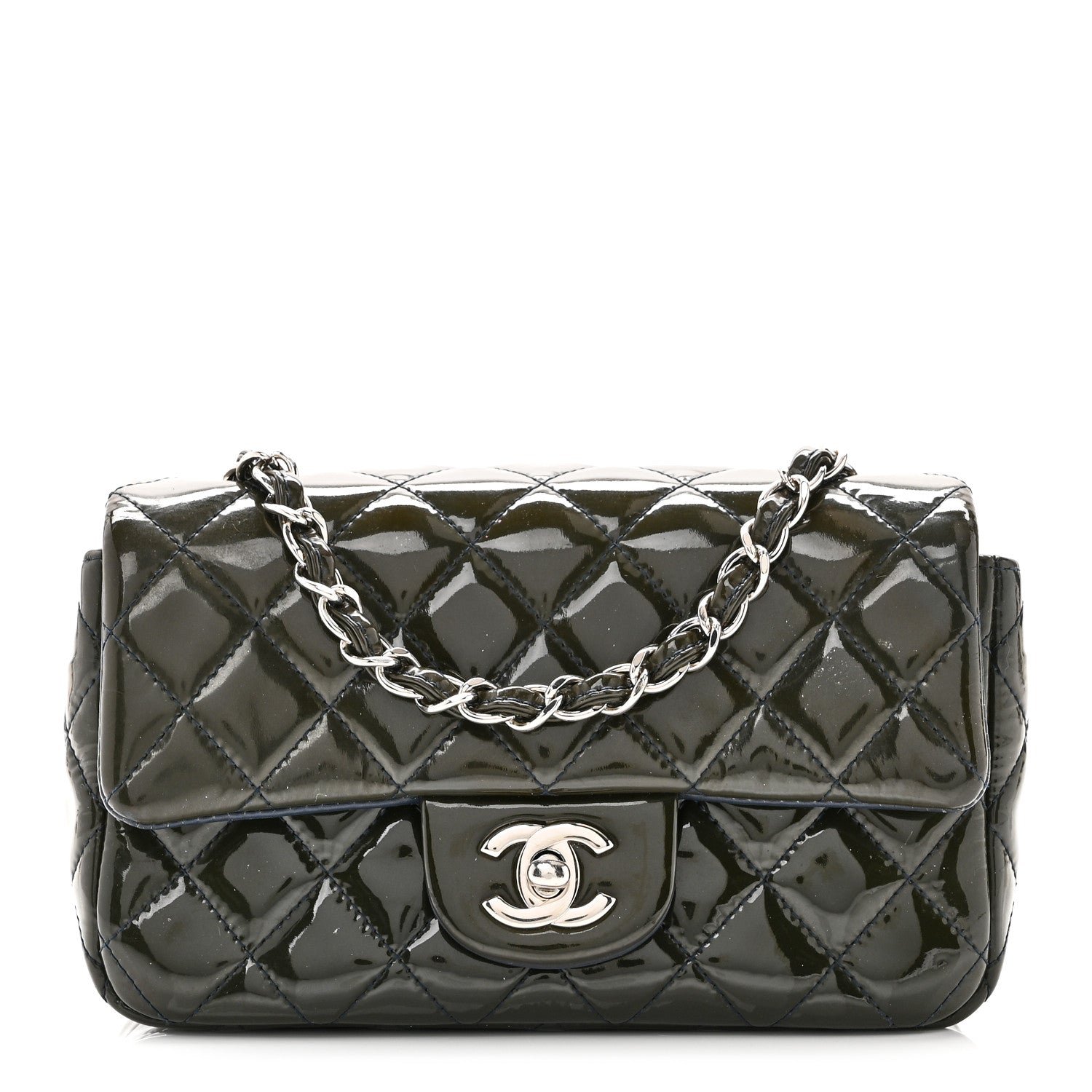 Patent Calfskin Quilted Mini Rectangular Flap Navy Blue