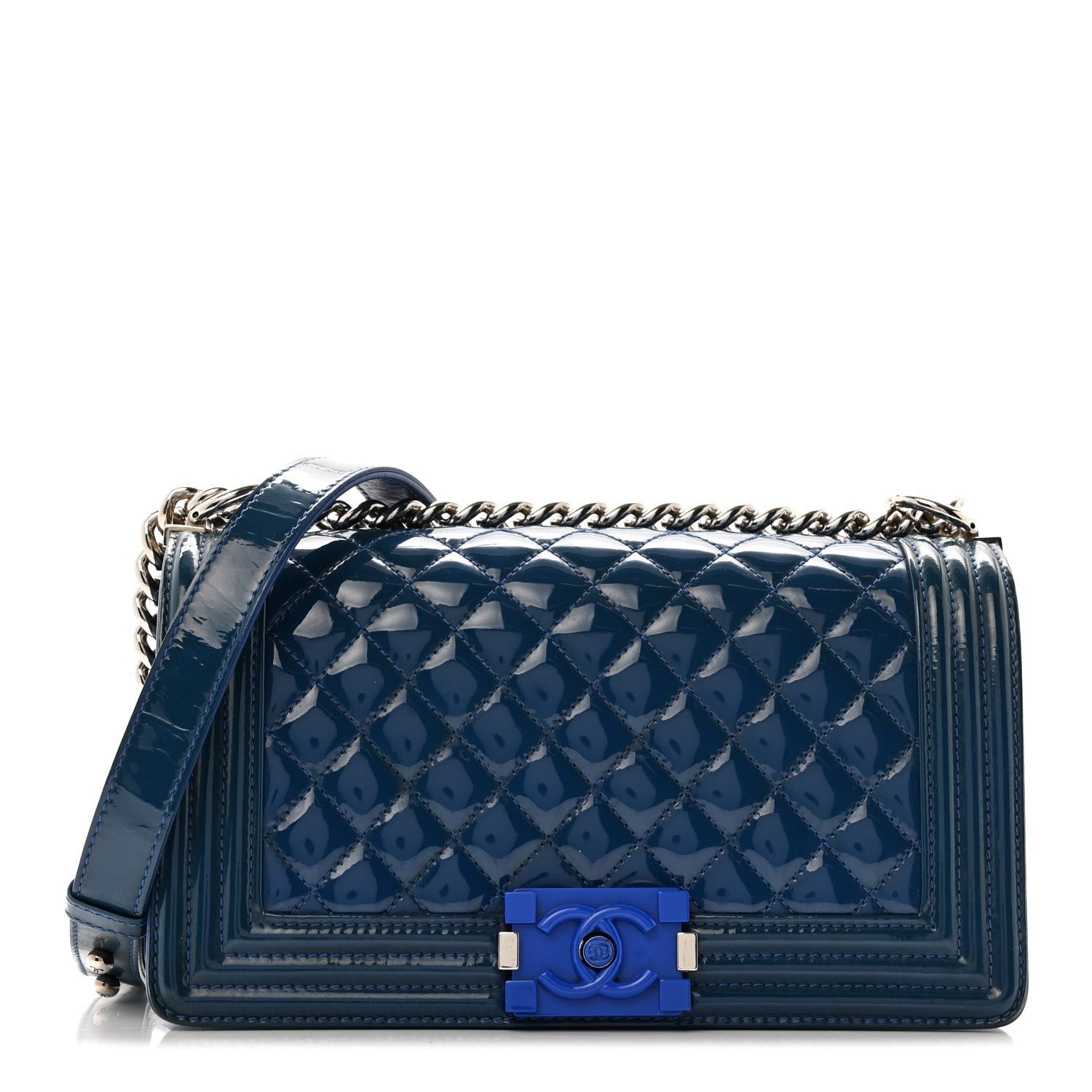 Patent Calfskin Quilted Medium Plexiglass Boy Flap Blue