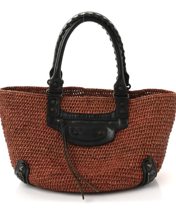 Raffia Calfskin Panier Basket Tote Brown Black