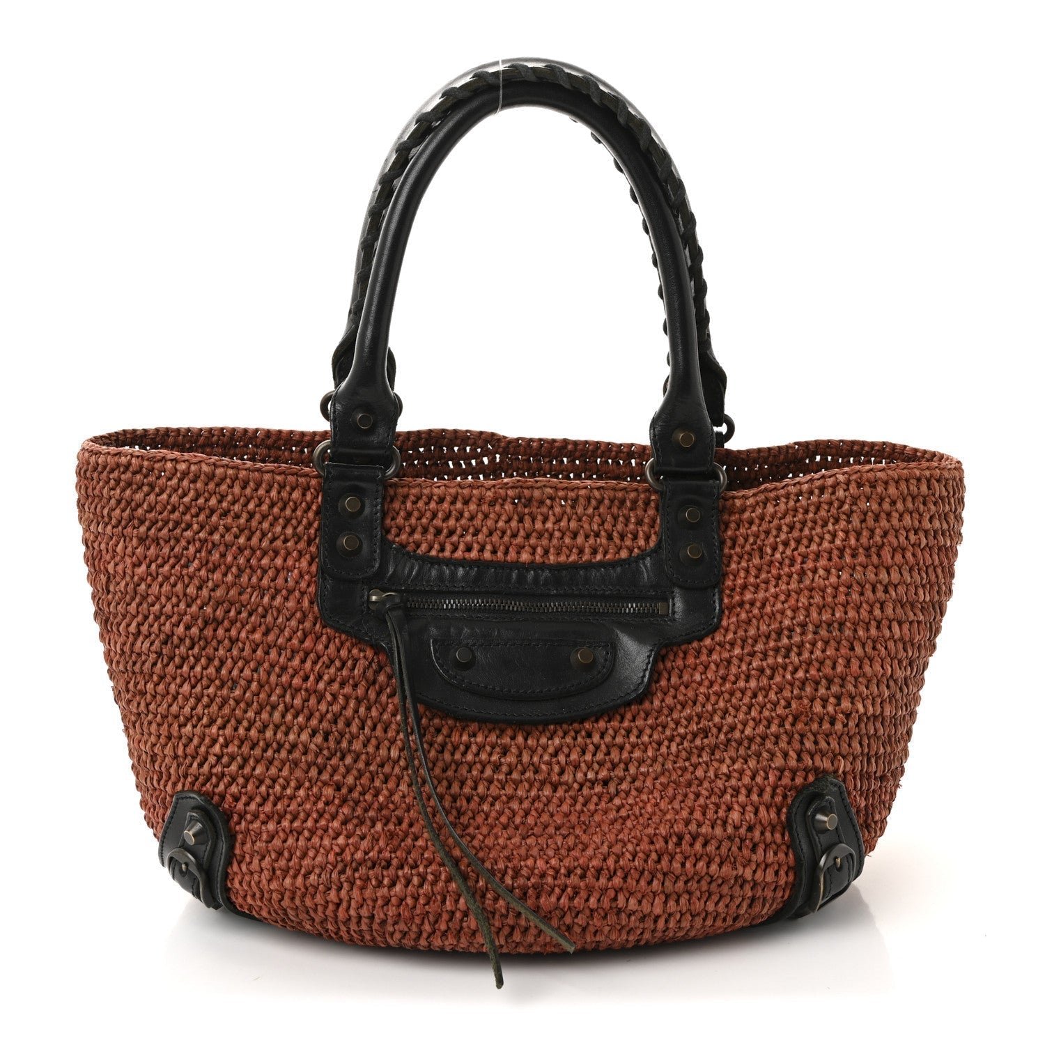 Raffia Calfskin Panier Basket Tote Brown Black