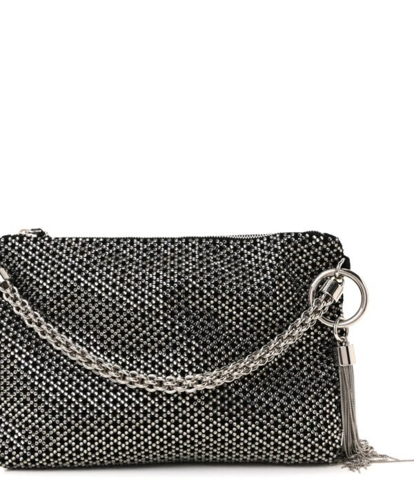 Suede Crystal Chain Top Handle Bag Black