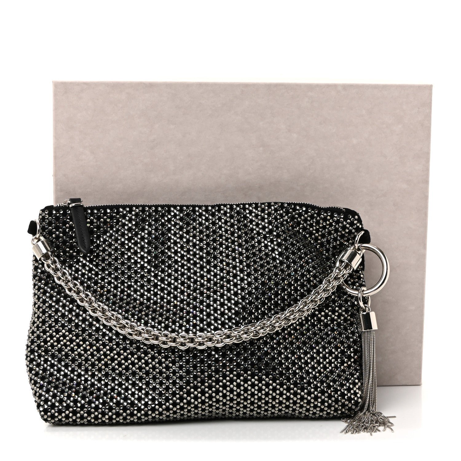 Suede Crystal Chain Top Handle Bag Black - Image 11