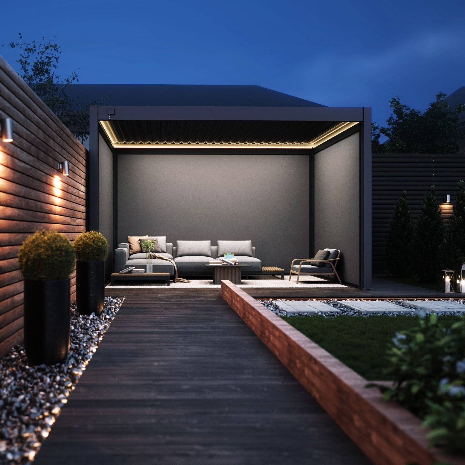 Hygge Aluminium Manually Adjustable Pergola with 3 Side Blinds & LED Lighting
