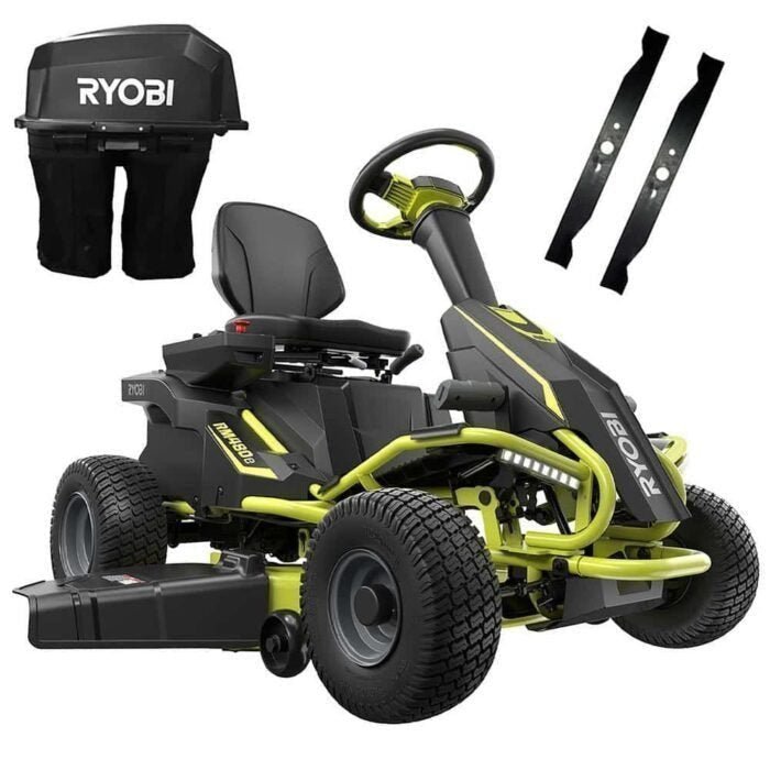 RYOBI 38 in. 100Ah Battery Rear Engine Electric Riding Lawn Mower and Bagging Kit image 0